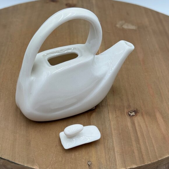 Miniature White Ceramic Teapot With Removable Lid Unique Handle Design Collectib - Picture 5 of 9